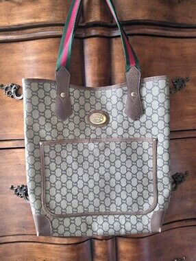 Authentic Vintage Gucci Plus GG Supreme Front Pocket Web Tote Bag Brown
